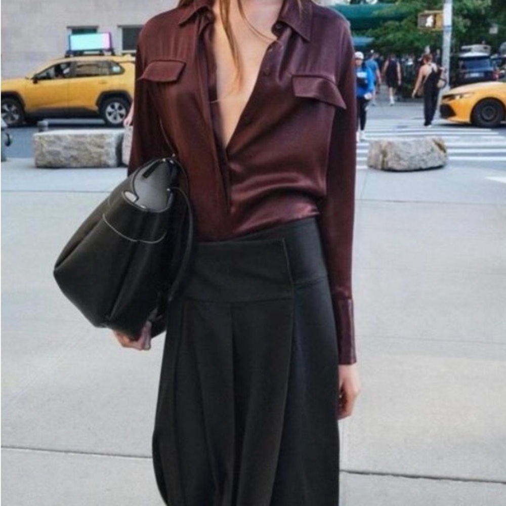 Zara Satin Effect Pocket Shirt in Rich Burgundy (Port or Tinto)